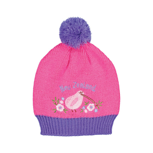BCKFPS - Beanie Childs Kiwi & Flowers Pink Wide Larger Size (5-6yrs)