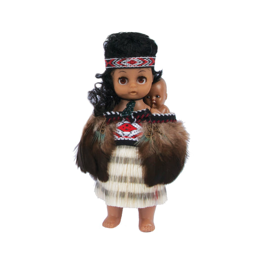 27 - Doll 17cm Wahine Full Feather Cloak with Baby Boxed