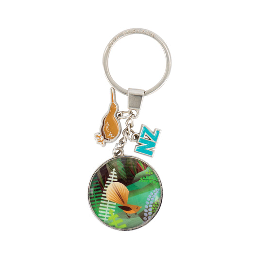 KR156 - Keyring Metal NZ Scene Birds & Bush with Fantail