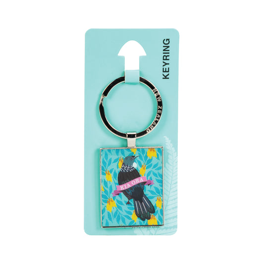 KR175 - Keyring Metal Kia Ora Florals Tui - Blue
