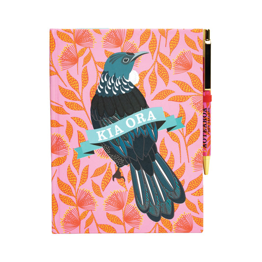 NBPKOF - Notebook Hard Cover Kia Ora Florals Tui & Pen Set Pink A5