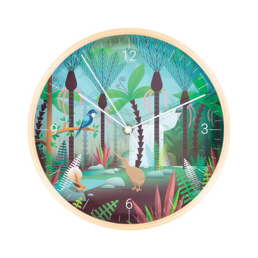 WCSBB - Wall Clock Wooden NZ Scene Birds & Bush 25cm