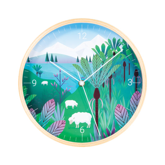 WCSS - Wall Clock Wooden NZ Scene Sheep 25cm